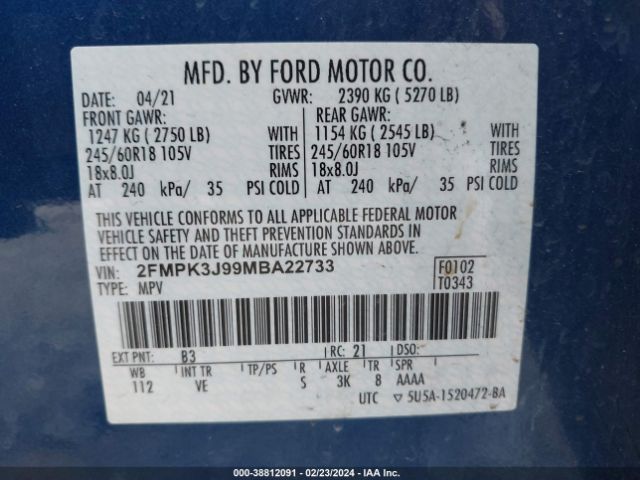 Photo 8 VIN: 2FMPK3J99MBA22733 - FORD EDGE 