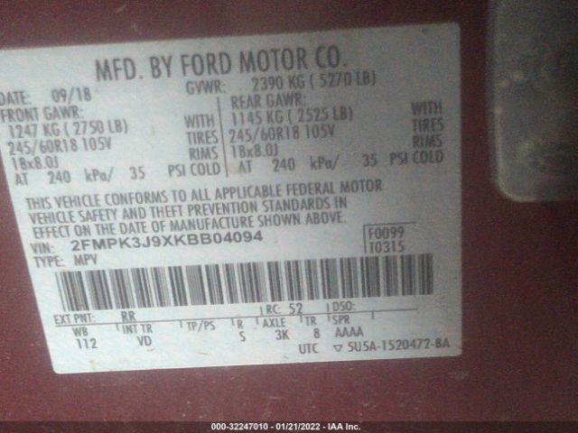 Photo 8 VIN: 2FMPK3J9XKBB04094 - FORD EDGE 