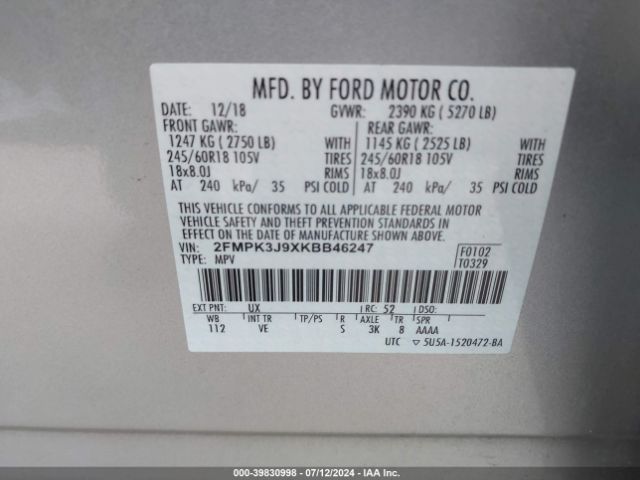 Photo 8 VIN: 2FMPK3J9XKBB46247 - FORD EDGE 