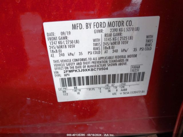 Photo 8 VIN: 2FMPK3J9XKBC70504 - FORD EDGE 