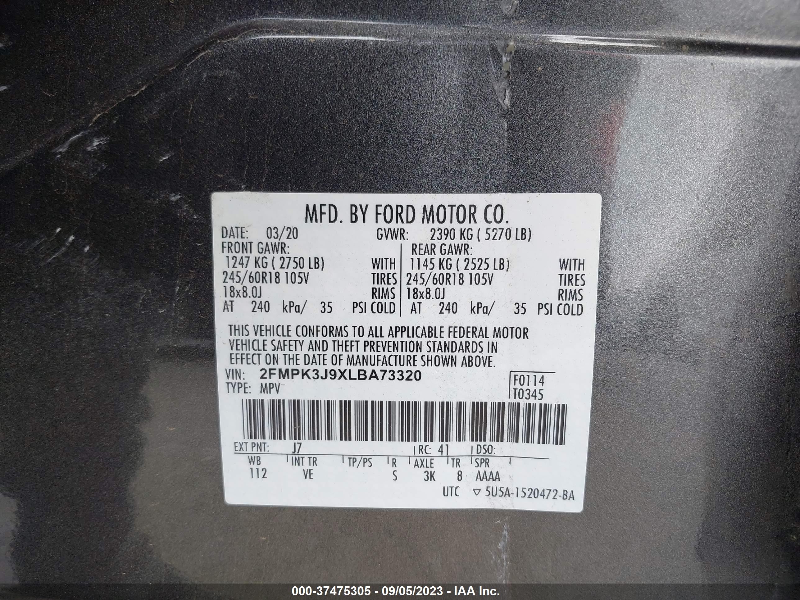 Photo 8 VIN: 2FMPK3J9XLBA73320 - FORD EDGE 