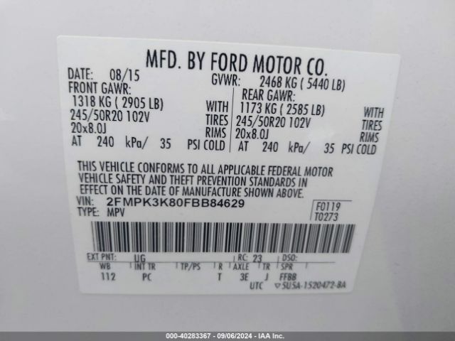 Photo 8 VIN: 2FMPK3K80FBB84629 - FORD EDGE 