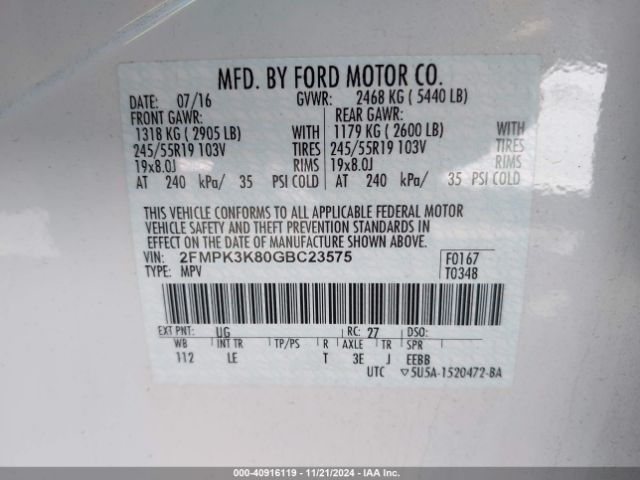 Photo 8 VIN: 2FMPK3K80GBC23575 - FORD EDGE 