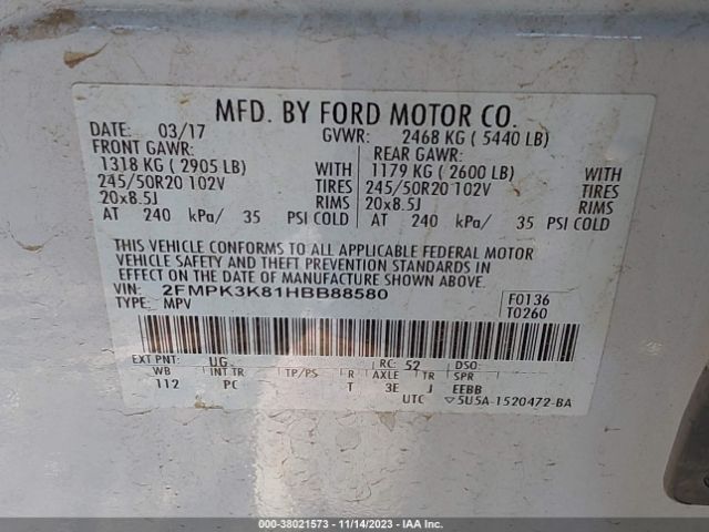 Photo 8 VIN: 2FMPK3K81HBB88580 - FORD EDGE 