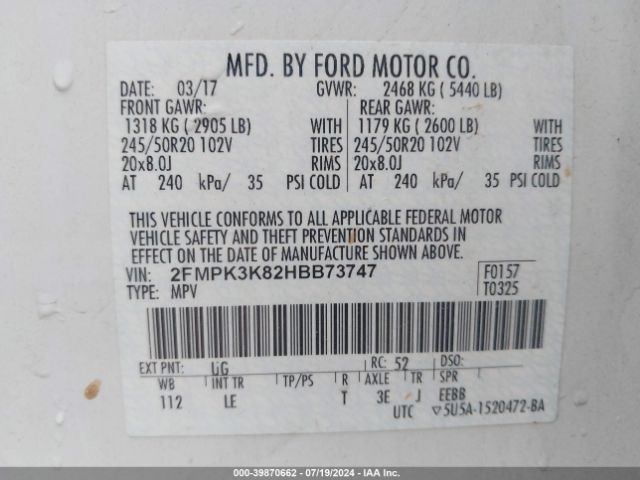 Photo 8 VIN: 2FMPK3K82HBB73747 - FORD EDGE 