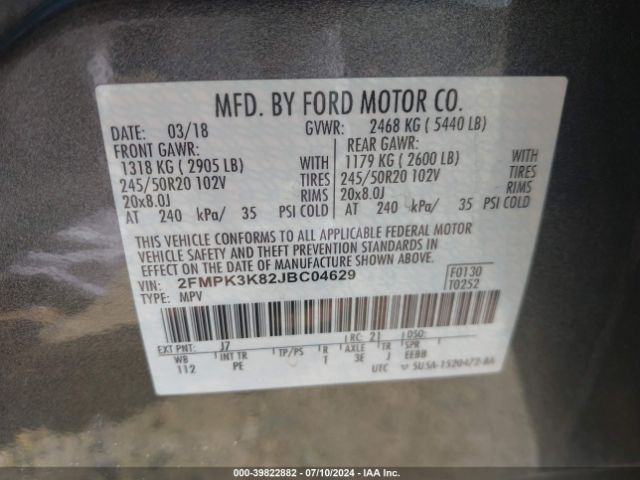 Photo 8 VIN: 2FMPK3K82JBC04629 - FORD EDGE 