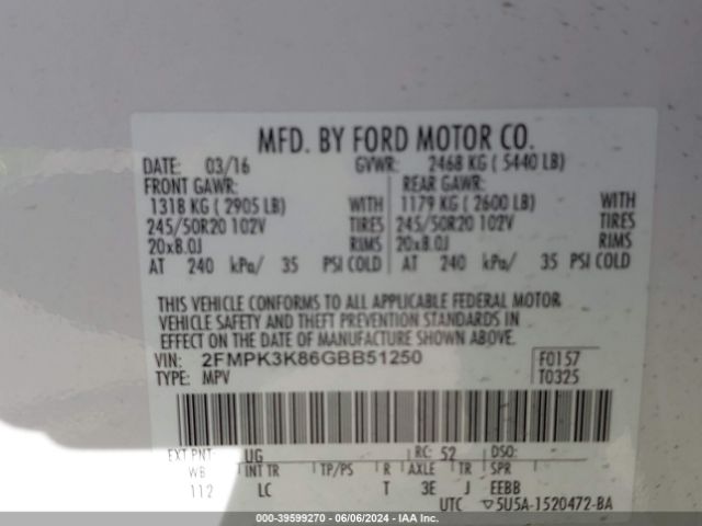 Photo 8 VIN: 2FMPK3K86GBB51250 - FORD EDGE 