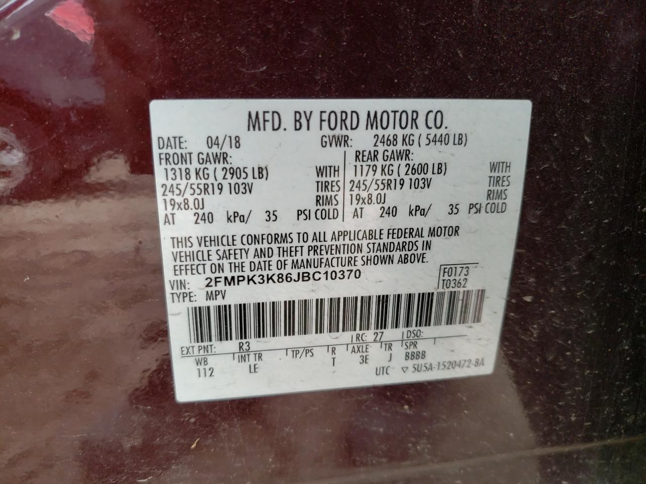 Photo 12 VIN: 2FMPK3K86JBC10370 - FORD EDGE 