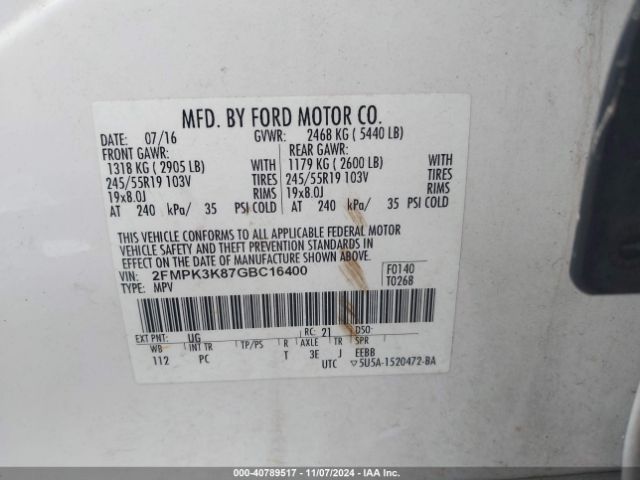 Photo 8 VIN: 2FMPK3K87GBC16400 - FORD EDGE 