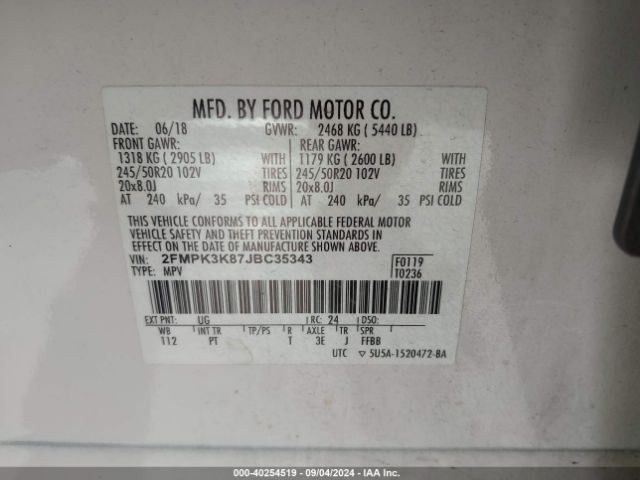 Photo 8 VIN: 2FMPK3K87JBC35343 - FORD EDGE 