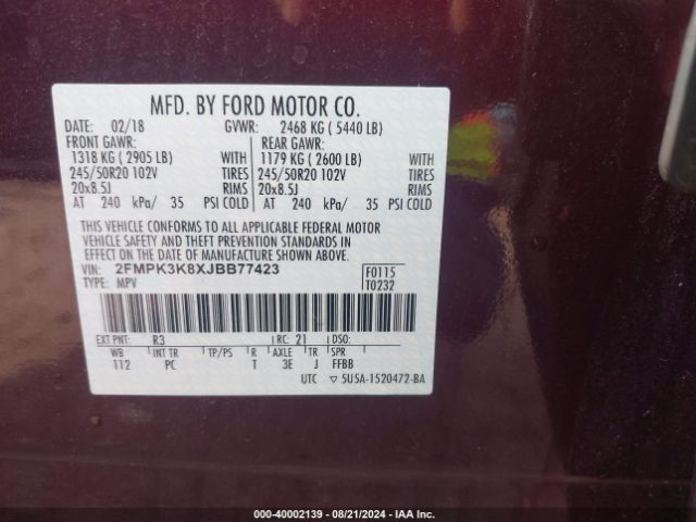 Photo 8 VIN: 2FMPK3K8XJBB77423 - FORD EDGE 