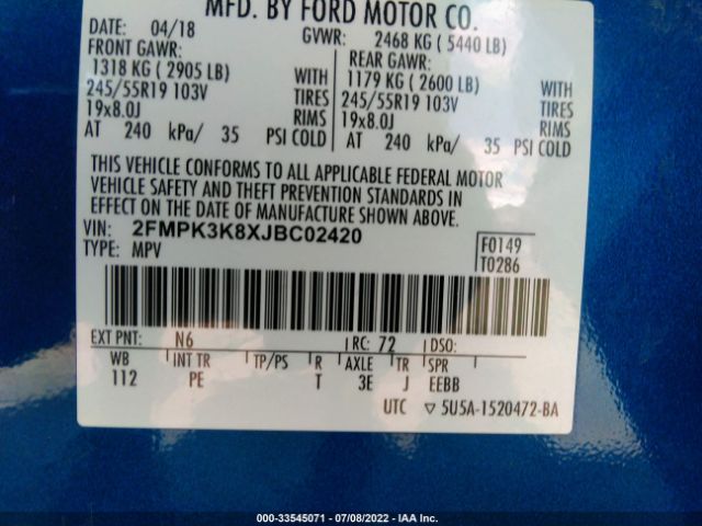 Photo 8 VIN: 2FMPK3K8XJBC02420 - FORD EDGE 