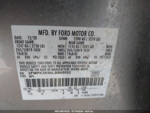 Photo 8 VIN: 2FMPK3K90LBB65552 - FORD EDGE 