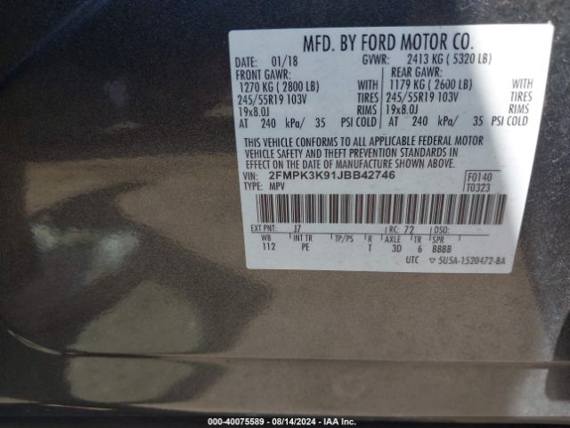 Photo 8 VIN: 2FMPK3K91JBB42746 - FORD EDGE 