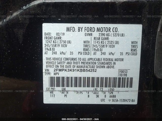 Photo 8 VIN: 2FMPK3K91KBB54252 - FORD EDGE 