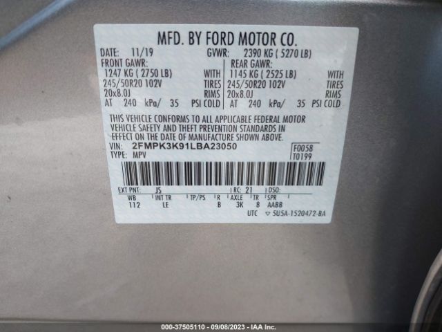 Photo 8 VIN: 2FMPK3K91LBA23050 - FORD EDGE 