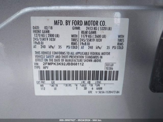 Photo 8 VIN: 2FMPK3K92JBB68112 - FORD EDGE 