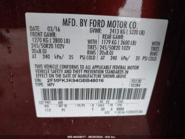 Photo 8 VIN: 2FMPK3K94GBB48016 - FORD EDGE 