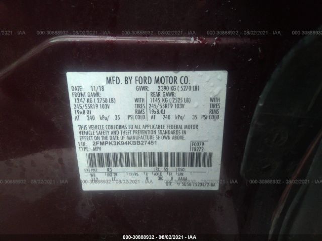 Photo 8 VIN: 2FMPK3K94KBB27451 - FORD EDGE 