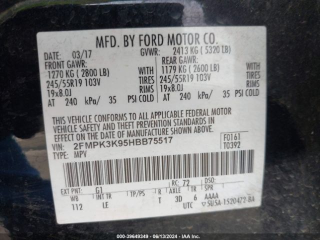 Photo 8 VIN: 2FMPK3K95HBB75517 - FORD EDGE 