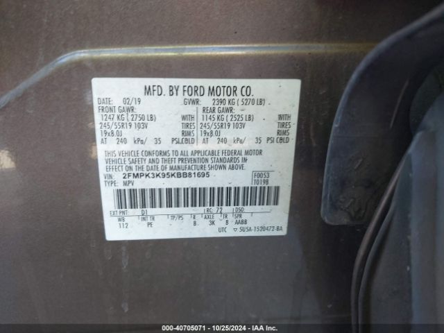 Photo 8 VIN: 2FMPK3K95KBB81695 - FORD EDGE 