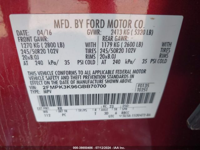 Photo 8 VIN: 2FMPK3K96GBB70700 - FORD EDGE 