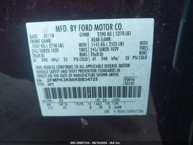 Photo 8 VIN: 2FMPK3K96KBB34725 - FORD EDGE 