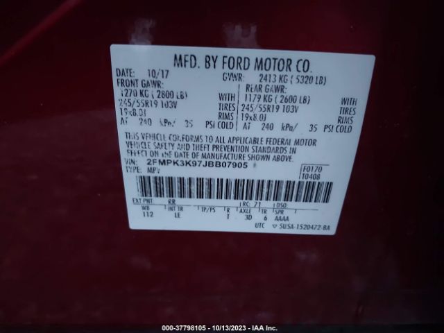 Photo 8 VIN: 2FMPK3K97JBB07905 - FORD EDGE 