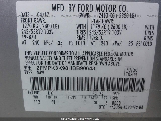 Photo 8 VIN: 2FMPK3K98HBB90643 - FORD EDGE 