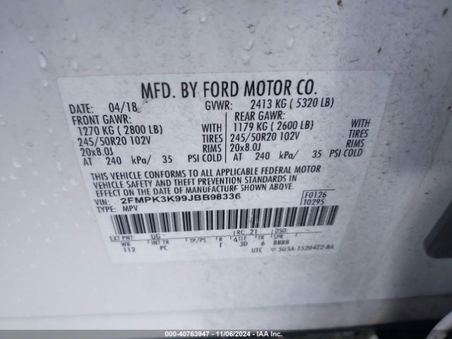 Photo 8 VIN: 2FMPK3K99JBB98336 - FORD EDGE 