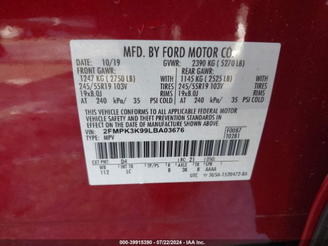 Photo 8 VIN: 2FMPK3K99LBA03676 - FORD EDGE 