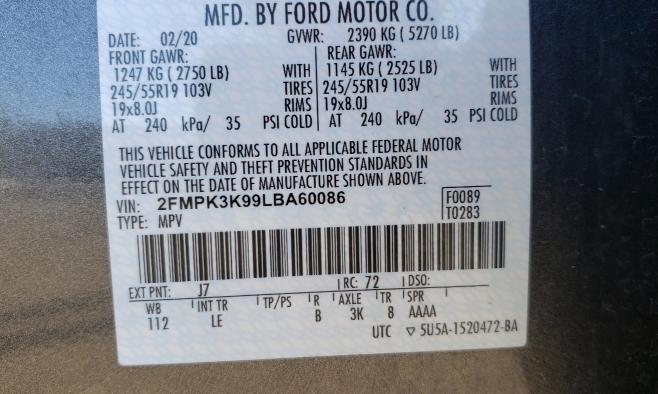 Photo 9 VIN: 2FMPK3K99LBA60086 - FORD EDGE TITAN 