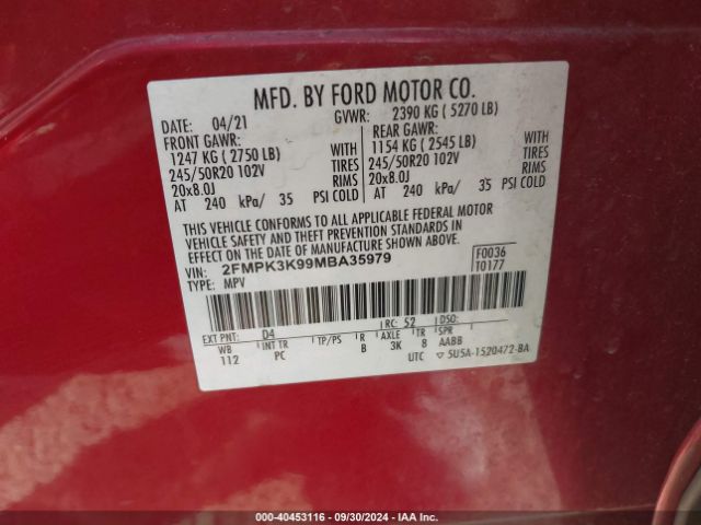 Photo 8 VIN: 2FMPK3K99MBA35979 - FORD EDGE 