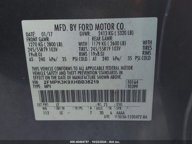 Photo 8 VIN: 2FMPK3K9XHBB38219 - FORD EDGE 