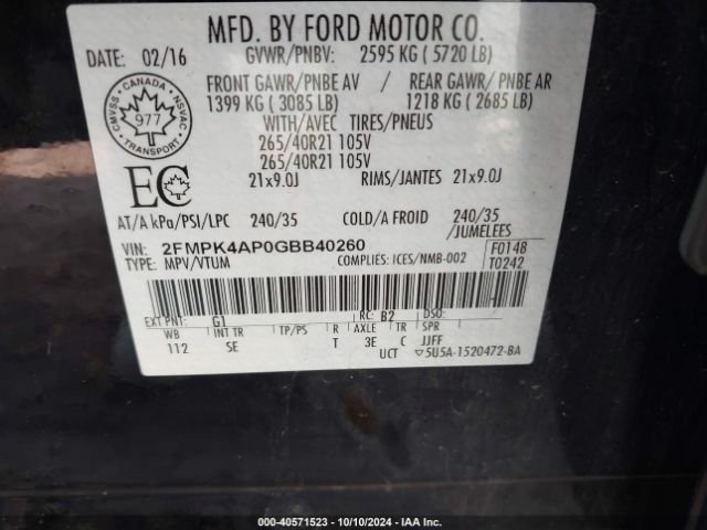 Photo 8 VIN: 2FMPK4AP0GBB40260 - FORD EDGE 