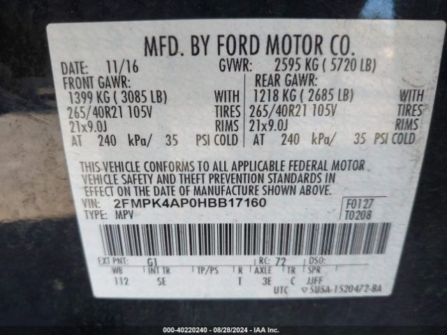 Photo 8 VIN: 2FMPK4AP0HBB17160 - FORD EDGE 