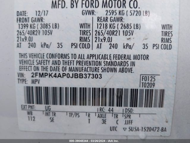 Photo 8 VIN: 2FMPK4AP0JBB37303 - FORD EDGE 