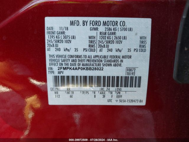 Photo 8 VIN: 2FMPK4AP0KBB28022 - FORD EDGE 