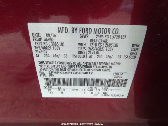 Photo 8 VIN: 2FMPK4AP1GBC34812 - FORD EDGE 