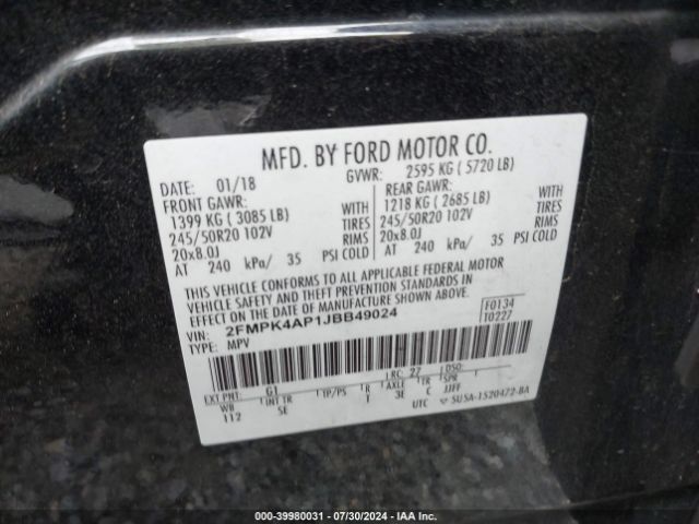 Photo 8 VIN: 2FMPK4AP1JBB49024 - FORD EDGE 