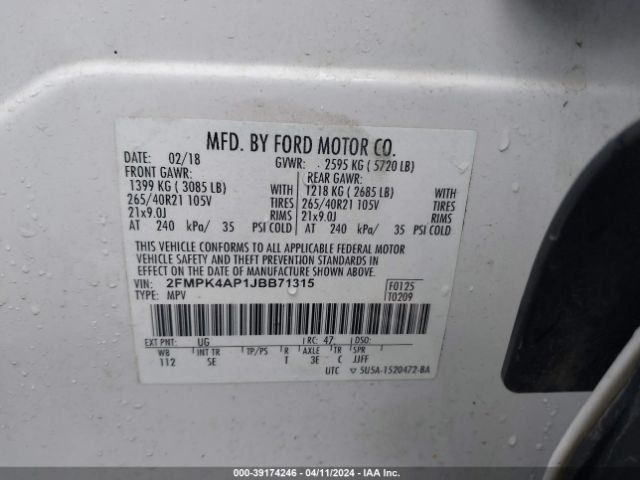 Photo 8 VIN: 2FMPK4AP1JBB71315 - FORD EDGE 