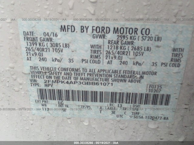 Photo 8 VIN: 2FMPK4AP3GBB61071 - FORD EDGE 