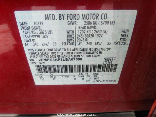 Photo 8 VIN: 2FMPK4AP3LBA07566 - FORD EDGE 