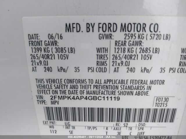 Photo 8 VIN: 2FMPK4AP4GBC11119 - FORD EDGE 