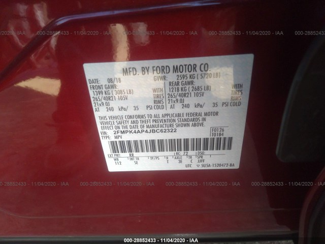 Photo 8 VIN: 2FMPK4AP4JBC62322 - FORD EDGE 