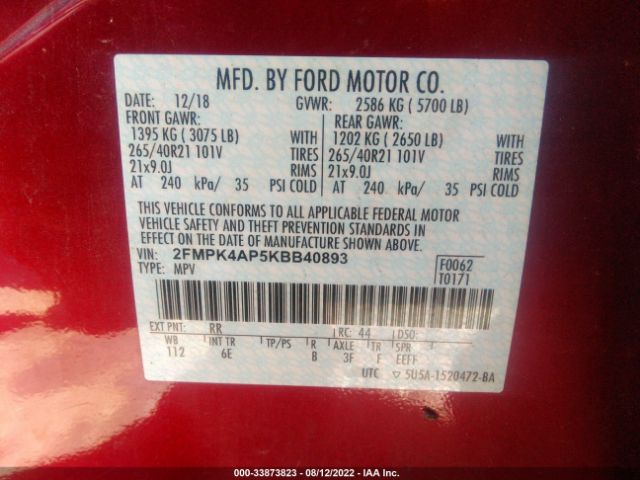 Photo 8 VIN: 2FMPK4AP5KBB40893 - FORD EDGE 