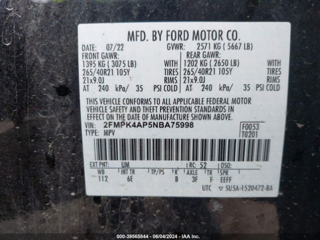 Photo 8 VIN: 2FMPK4AP5NBA75998 - FORD EDGE 