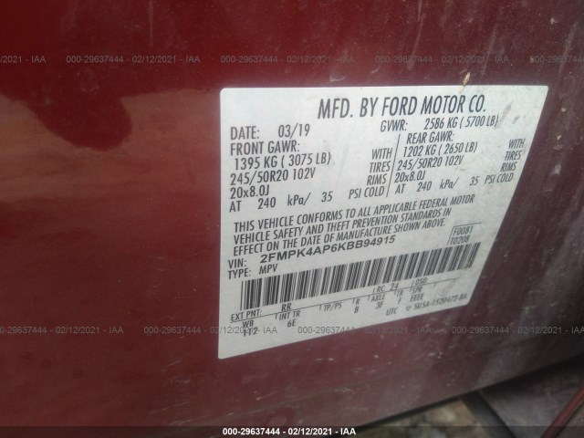 Photo 8 VIN: 2FMPK4AP6KBB94915 - FORD EDGE 