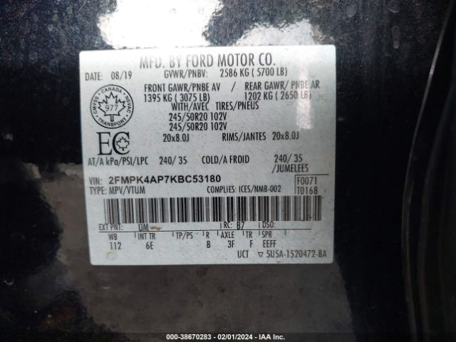 Photo 8 VIN: 2FMPK4AP7KBC53180 - FORD EDGE 