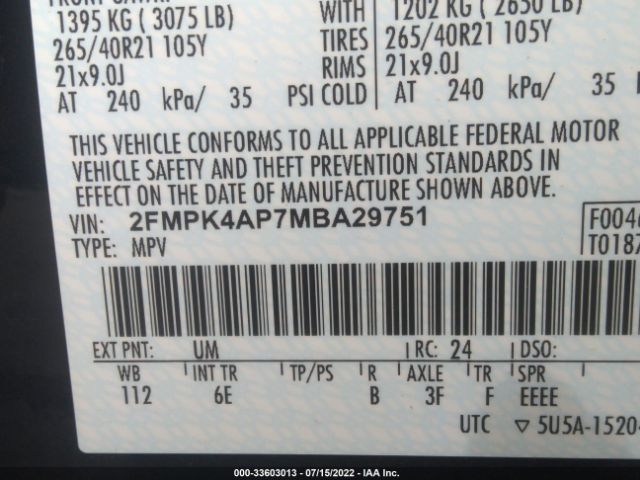 Photo 8 VIN: 2FMPK4AP7MBA29751 - FORD EDGE 